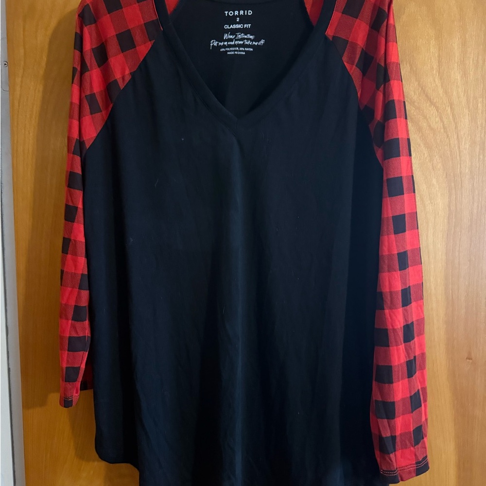 Torrid Black Top with Red Plaid Sleeves